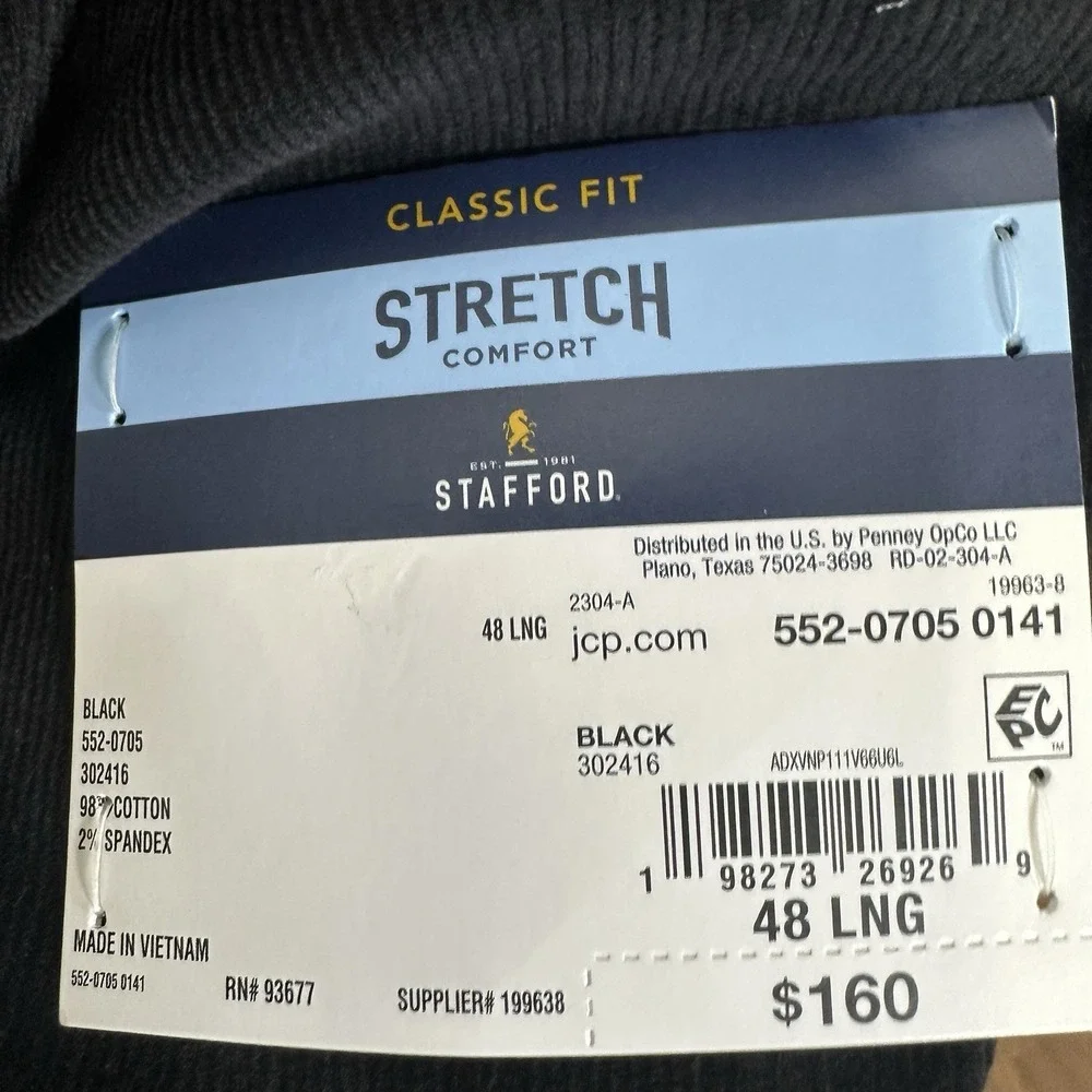 Stafford Mens 48L‎ Classic Fit Black Corduroy Sport Coat Blazer Jacket NEW